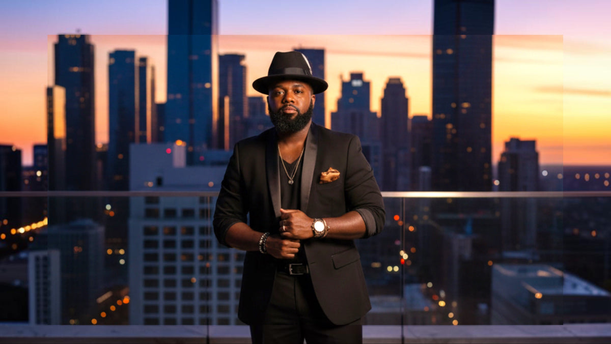 A man wearing a black suit, black hat, and gold necklace stands on a balcony with a city skyline at sunset behind him.