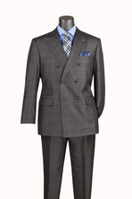 A dark gray double-breasted suit with a subtle windowpane check pattern, displayed on a mannequin torso with a light blue dress shirt, a blue and gray patterned tie, and a matching pocket square.