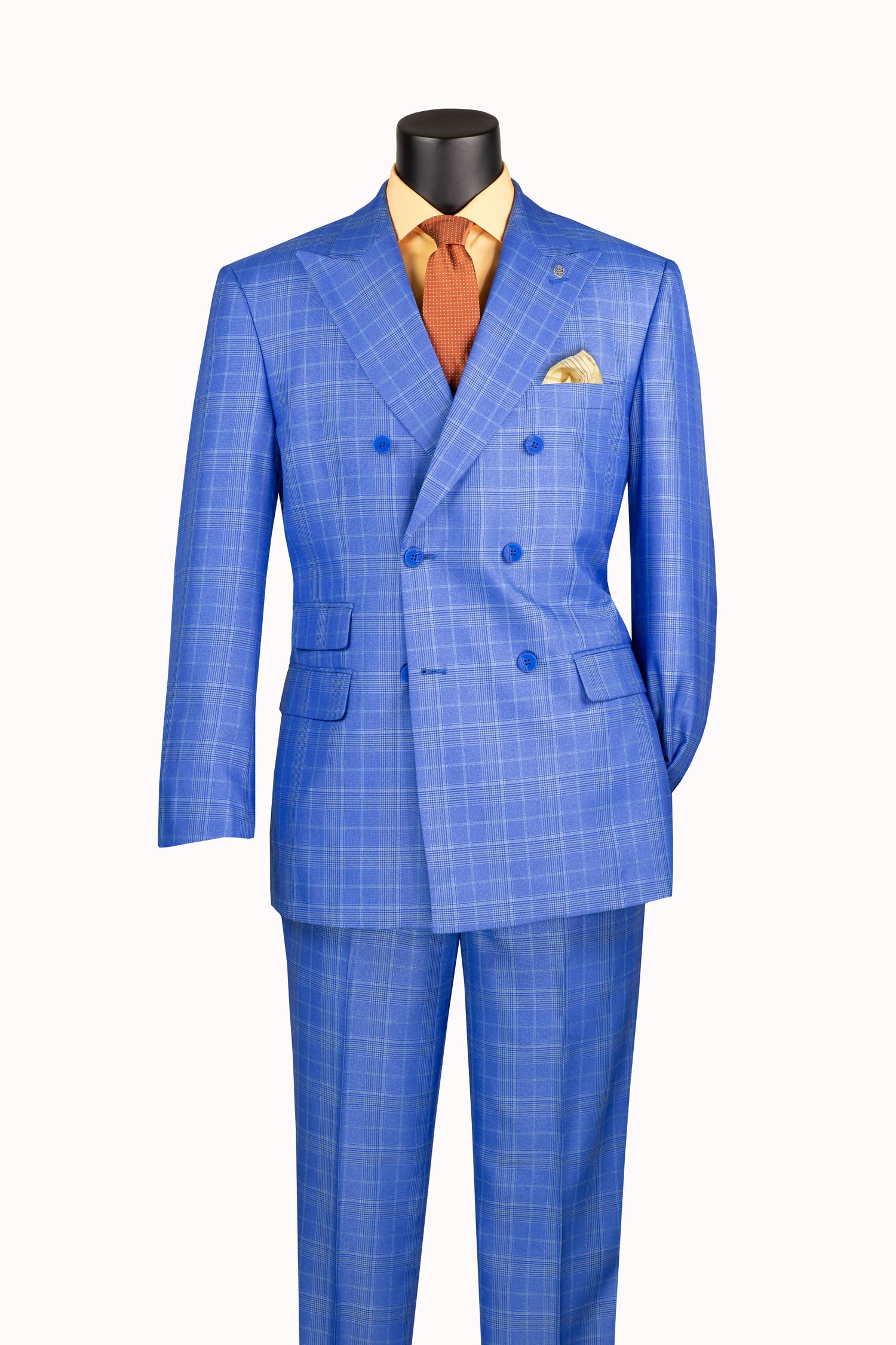 A blue double-breasted suit with a subtle windowpane plaid pattern, displayed on a black mannequin torso with a yellow shirt, orange tie, and matching pocket square.
