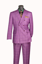 A purple double-breasted suit with a subtle plaid pattern, displayed on a mannequin torso with a green shirt and patterned tie.