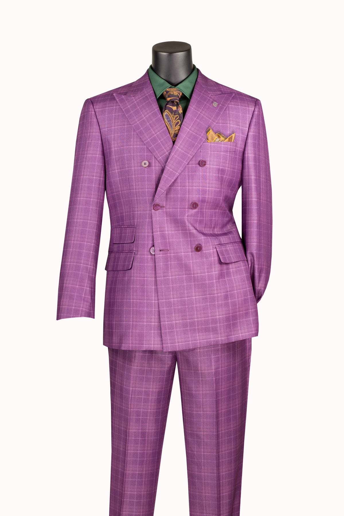 A purple double-breasted suit with a subtle plaid pattern, displayed on a mannequin torso with a green shirt and patterned tie.