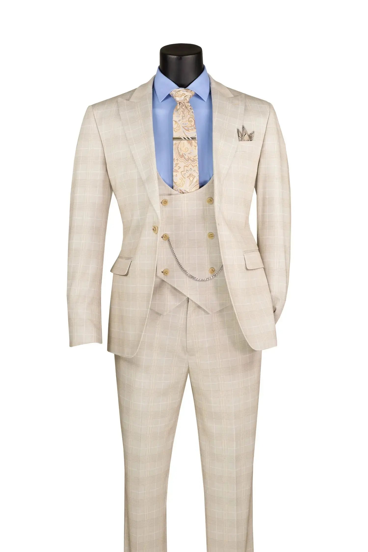 Men's 3-Piece Slim Plaid Double Breast Vest Suit M & R Clothing