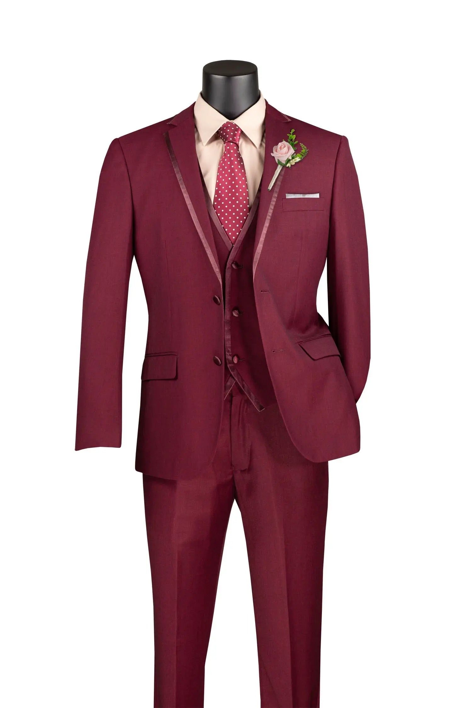 Men's 3-Piece Slim Fit Tuxedo Suit with Satin Trim — Jacket, Vest & Pants M & R Clothing