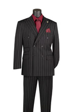A men's double-breasted pinstripe suit displayed on a mannequin torso, featuring a black base with thin white vertical stripes, paired with a red patterned dress shirt, red tie, and matching red pocket square.