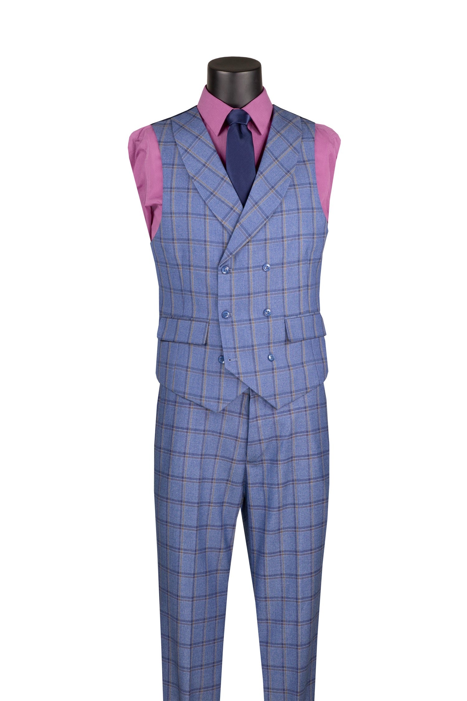 Blue checkered suit with pink vest and purple shirt on a mannequin against a white background
