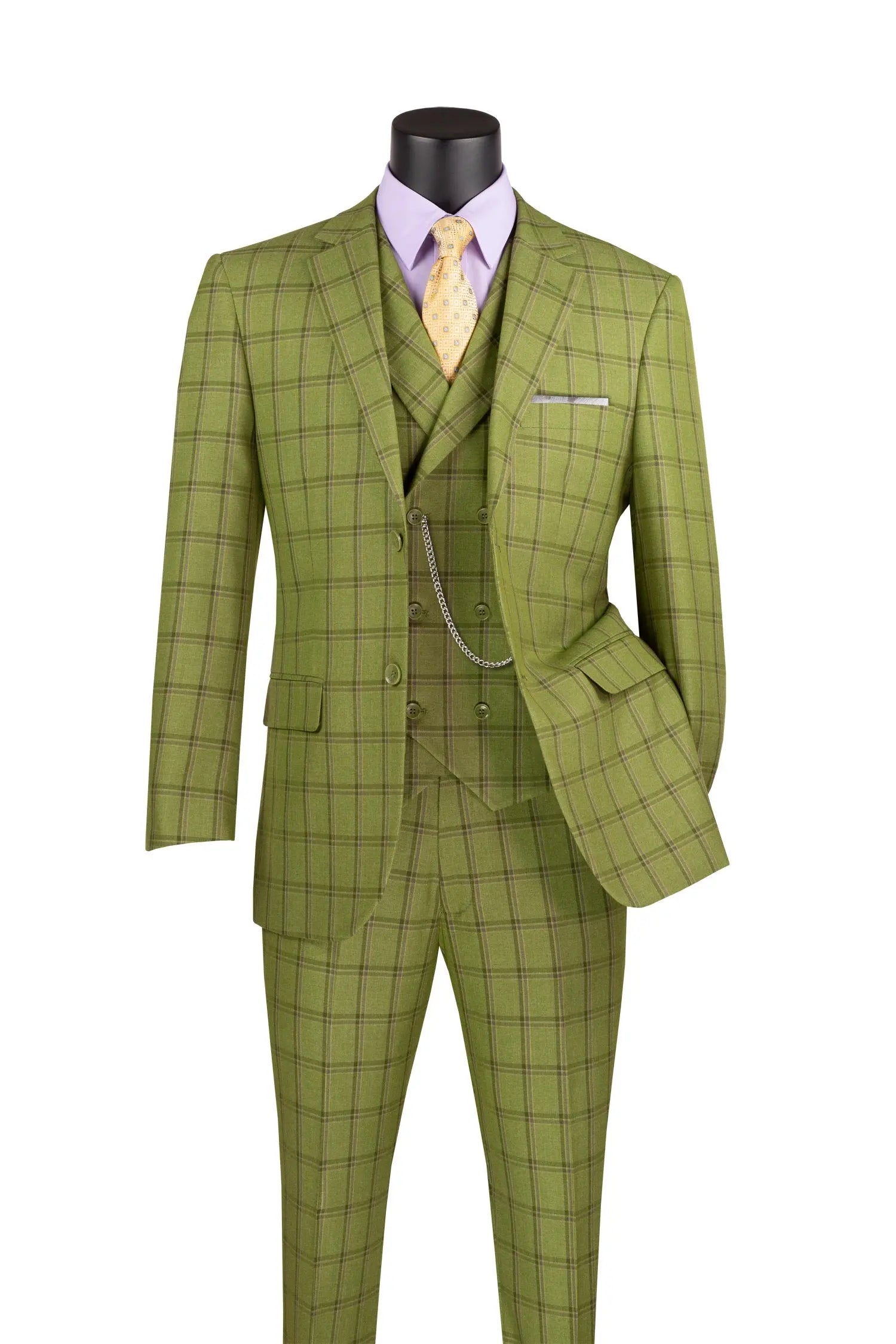 A three-piece olive green windowpane plaid suit displayed on a black mannequin torso, styled with a light purple dress shirt and a yellow patterned tie against a plain white background.