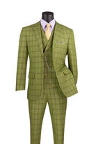 A three-piece olive green windowpane plaid suit displayed on a black mannequin torso, styled with a light purple dress shirt and a yellow patterned tie against a plain white background.