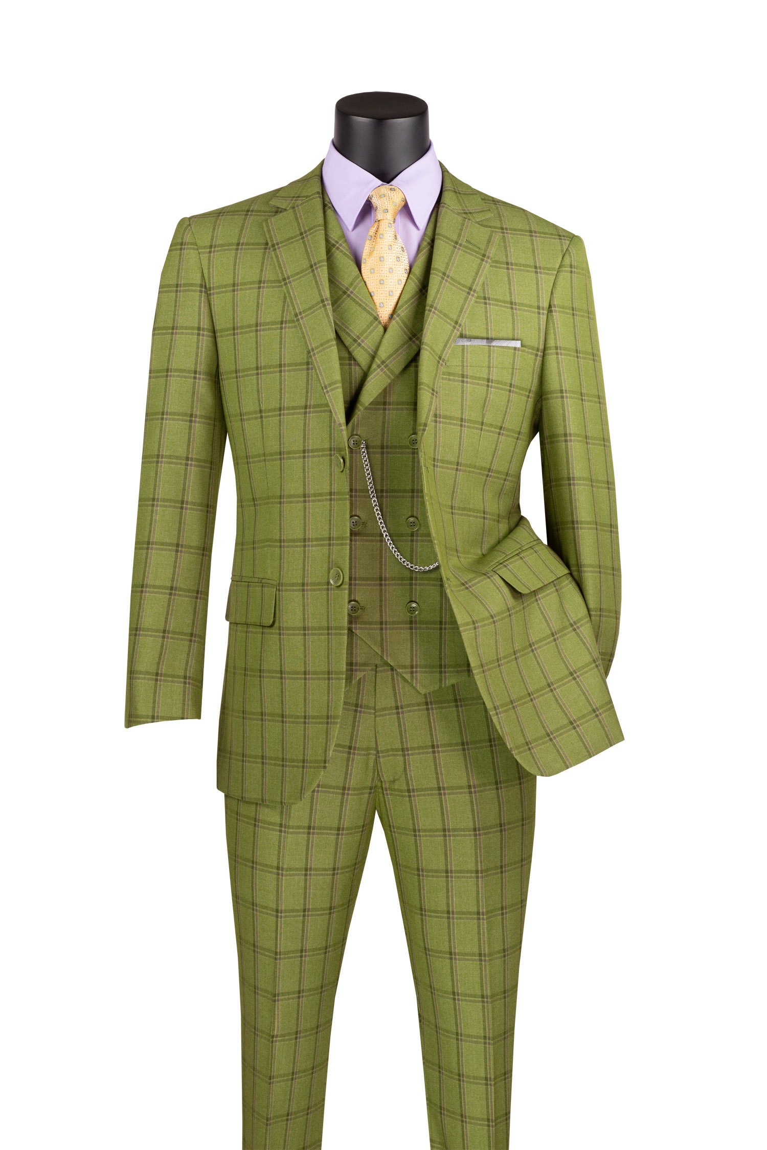 A three-piece olive green windowpane plaid suit displayed on a black mannequin torso, styled with a light purple dress shirt and a yellow patterned tie against a plain white background.