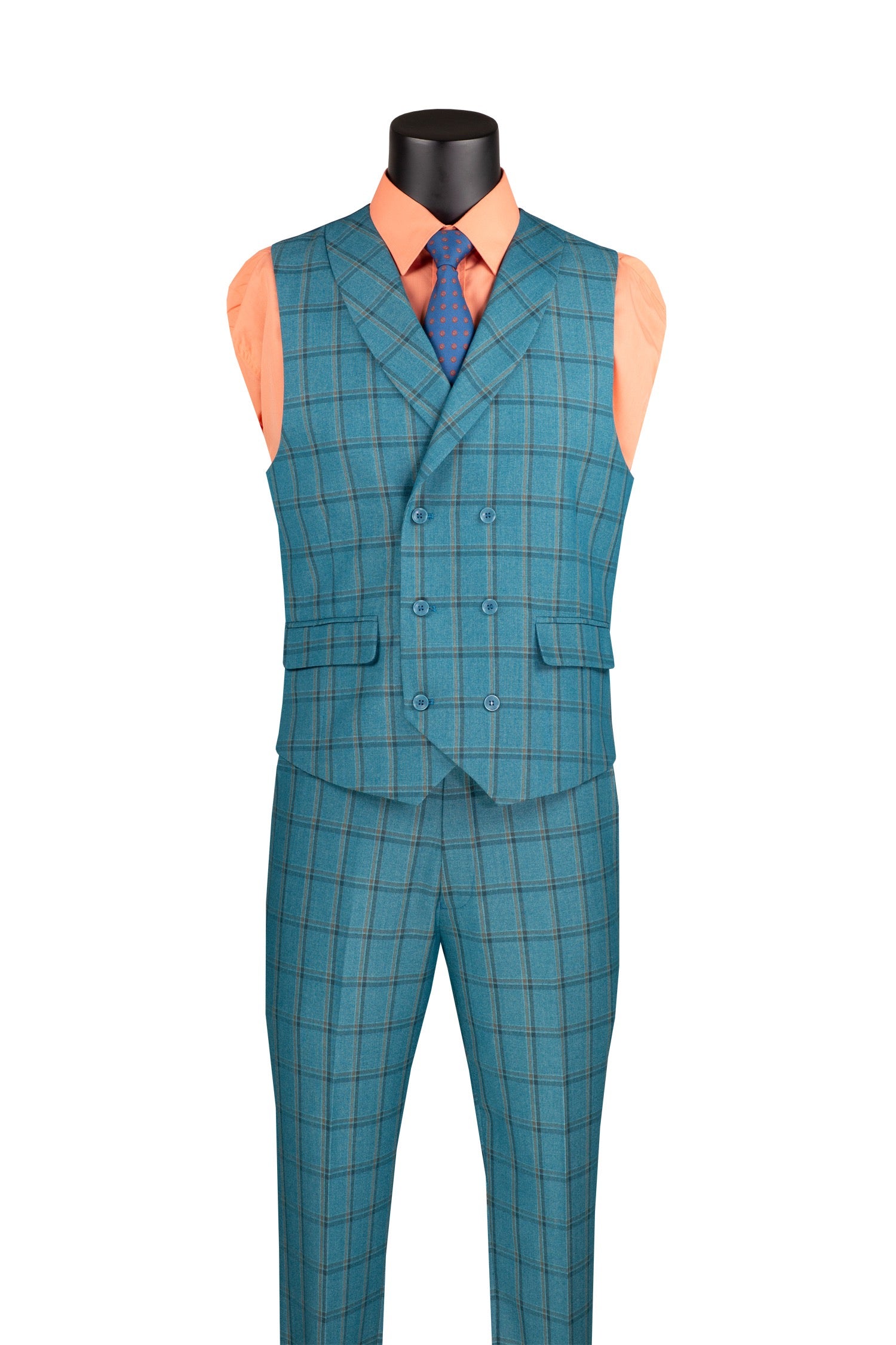 Teal checkered suit on a mannequin against a white background