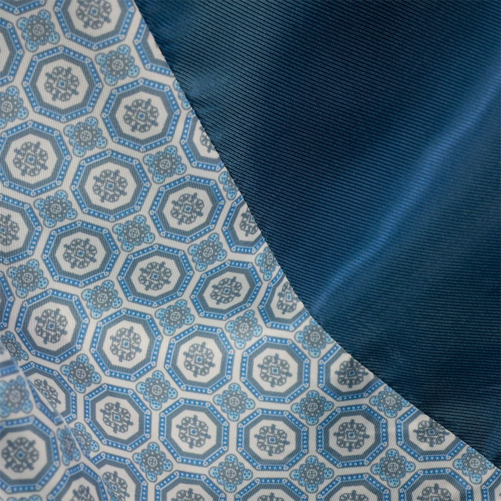 Close-up of blue and white patterned fabric