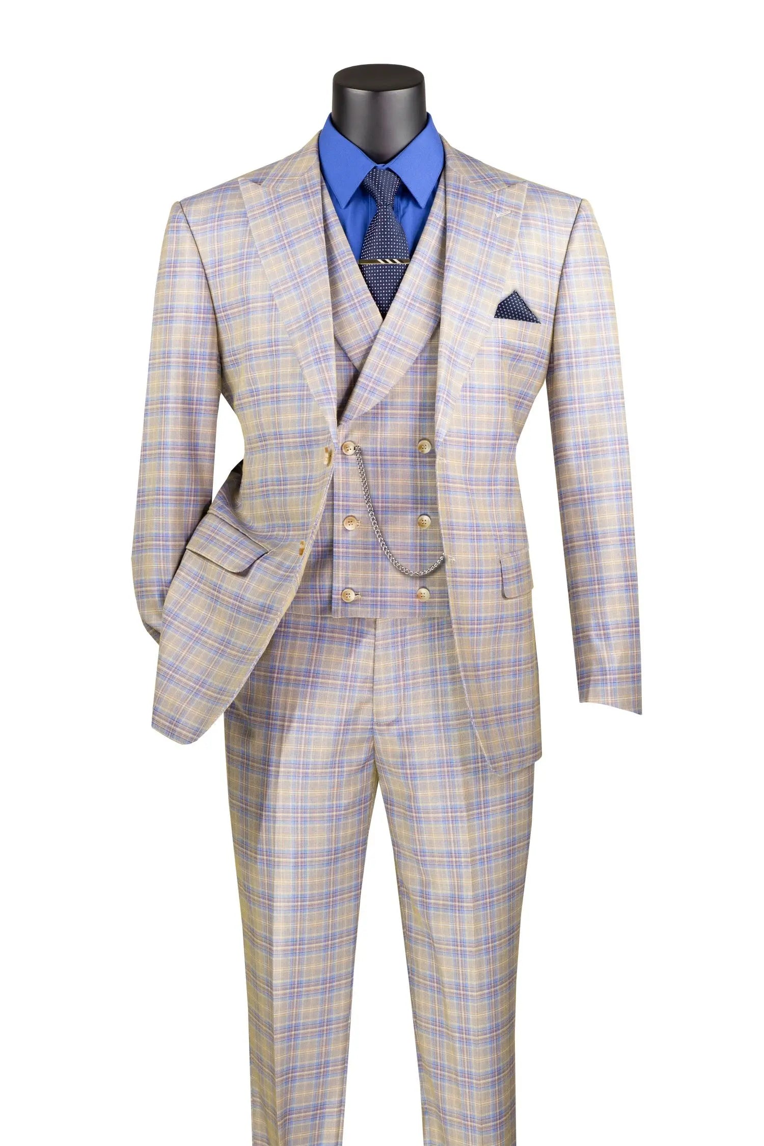 Plaid suit with a blue shirt and tie on a mannequin against a white background
