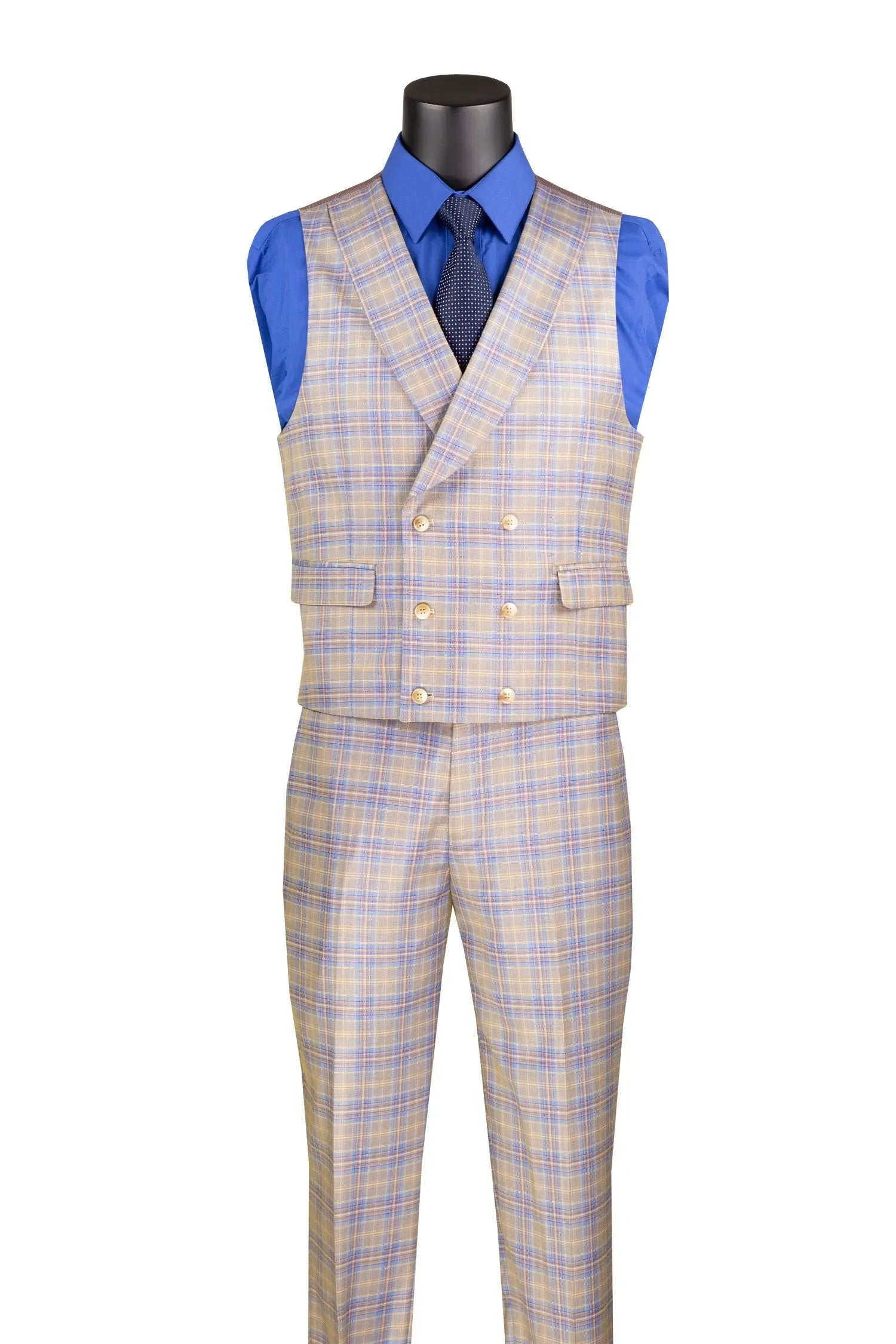 Plaid suit with vest and pants on a mannequin against a white background