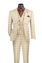 Beige plaid suit on a mannequin with a white background