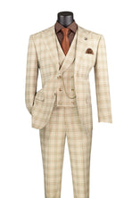 Beige plaid suit on a mannequin with a white background
