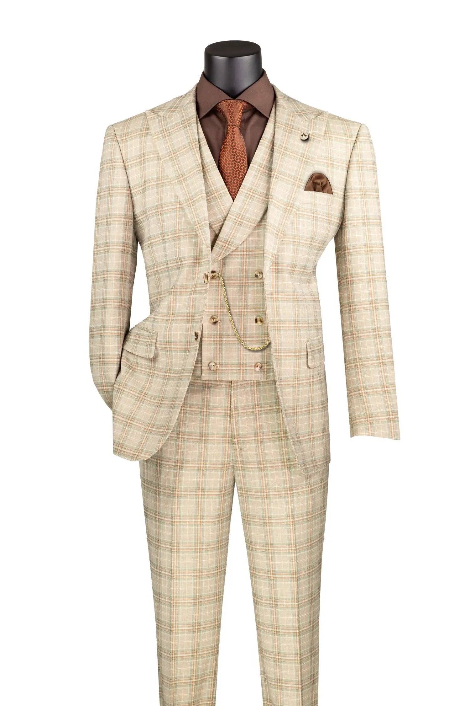 Beige plaid suit on a mannequin with a white background