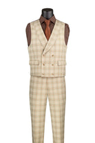Beige plaid suit on a mannequin with a white background