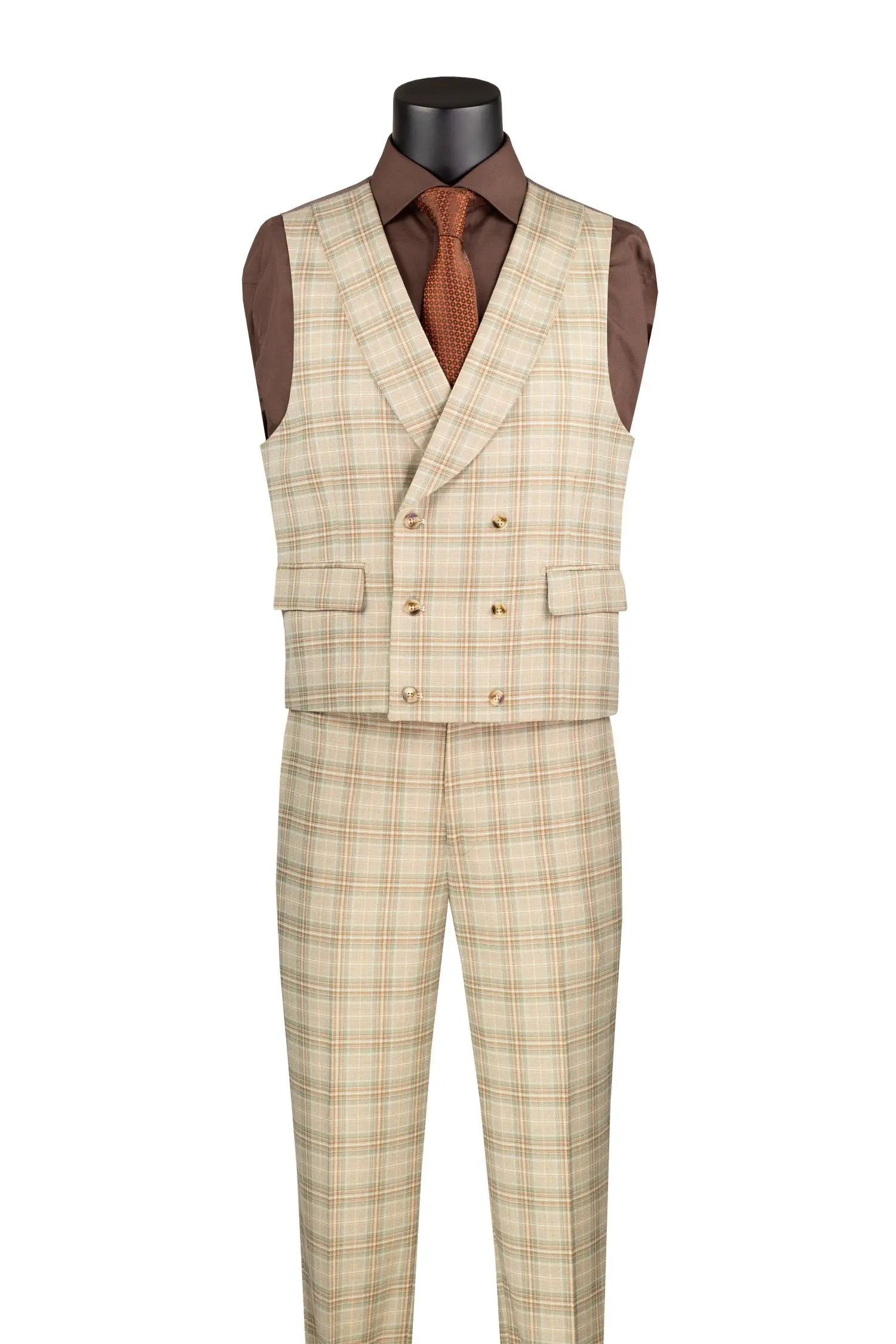 Beige plaid suit on a mannequin with a white background