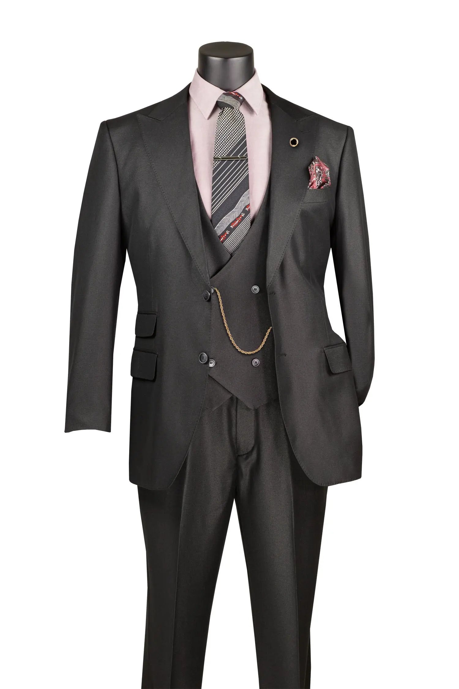 A three-piece dark gray suit displayed on a mannequin, styled with a light pink dress shirt, a gray and black striped tie, and a matching pocket square.