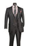 A three-piece dark gray suit displayed on a mannequin, styled with a light pink dress shirt, a gray and black striped tie, and a matching pocket square.