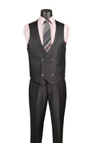 Black vest and pants set on a mannequin with a pink shirt and striped tie against a white background