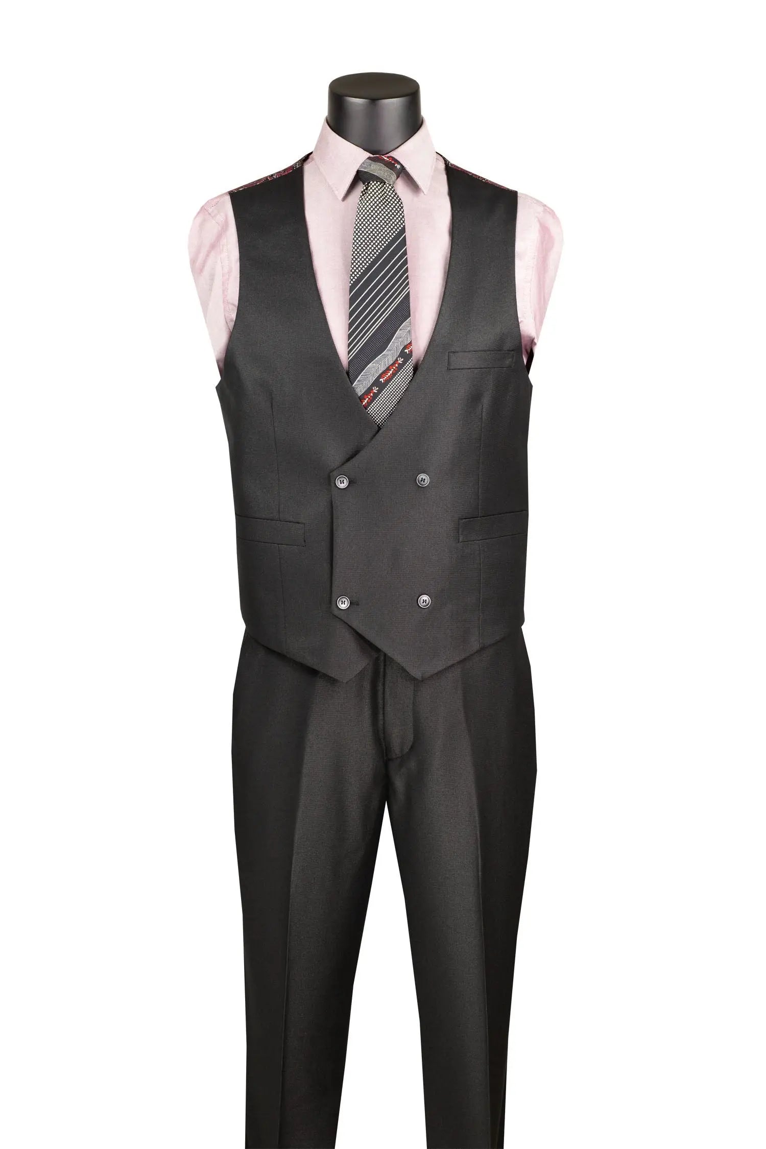 Black vest and pants set on a mannequin with a pink shirt and striped tie against a white background