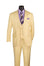 Beige suit with a purple shirt and floral tie on a mannequin against a white background