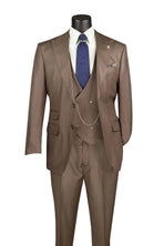 A three-piece brown suit displayed on a black mannequin torso, styled with a white dress shirt, a blue patterned tie, and a matching pocket square against a plain white background.