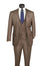 A three-piece brown suit displayed on a black mannequin torso, styled with a white dress shirt, a blue patterned tie, and a matching pocket square against a plain white background.
