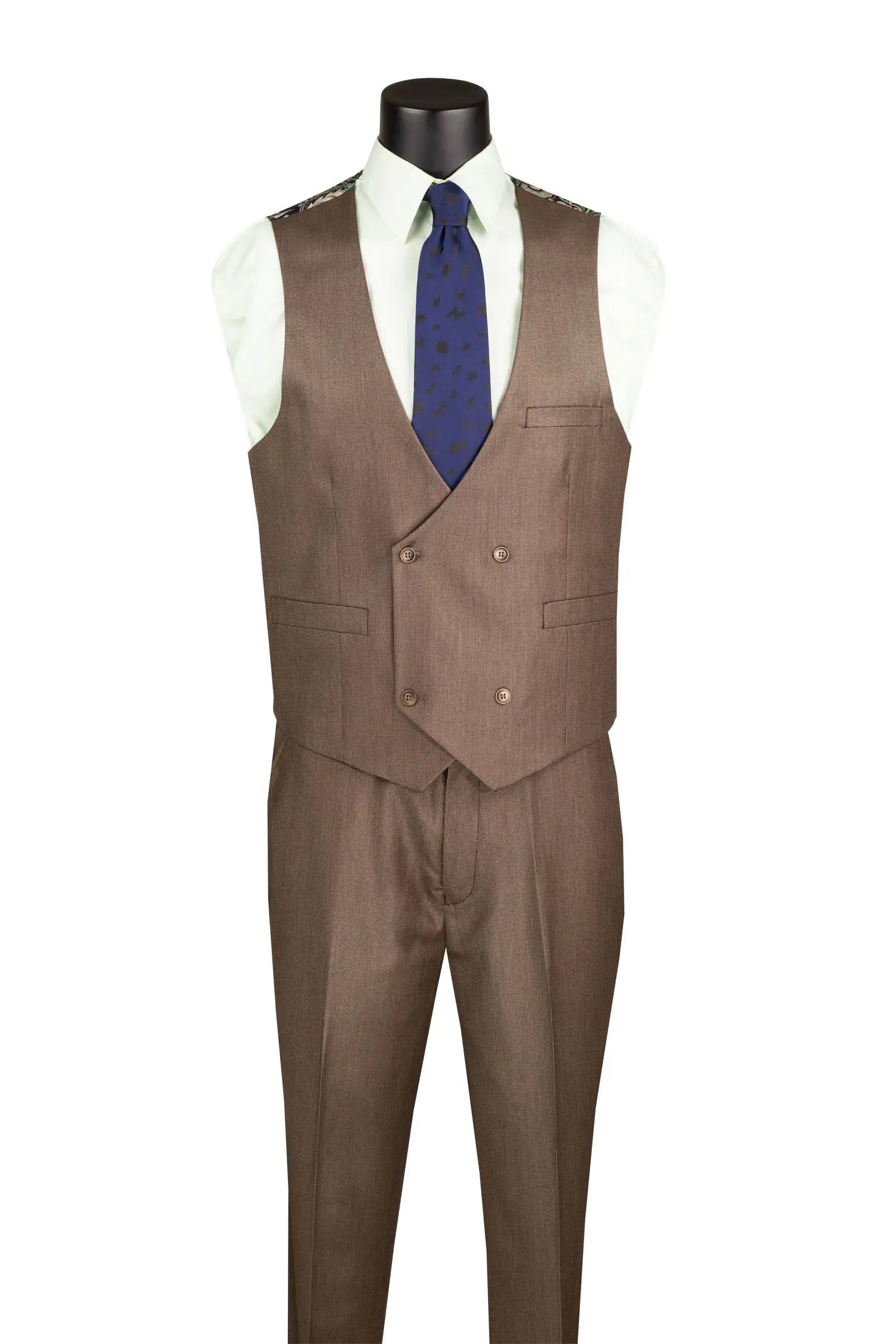 A men's brown double-breasted suit displayed on a black mannequin torso, styled with a white dress shirt and a blue patterned tie against a plain white background.