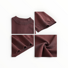 A four-panel close-up layout showing a ribbed knit garment in a deep burgundy color. The panels include a folded view of the crew neck, a folded view of the ribbed sleeve cuff, a close-up of the ribbed hem, and a fabric texture swatch on a clean white background.