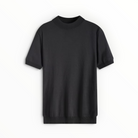 A black short-sleeve crewneck knit sweater displayed flat against a clean white background.