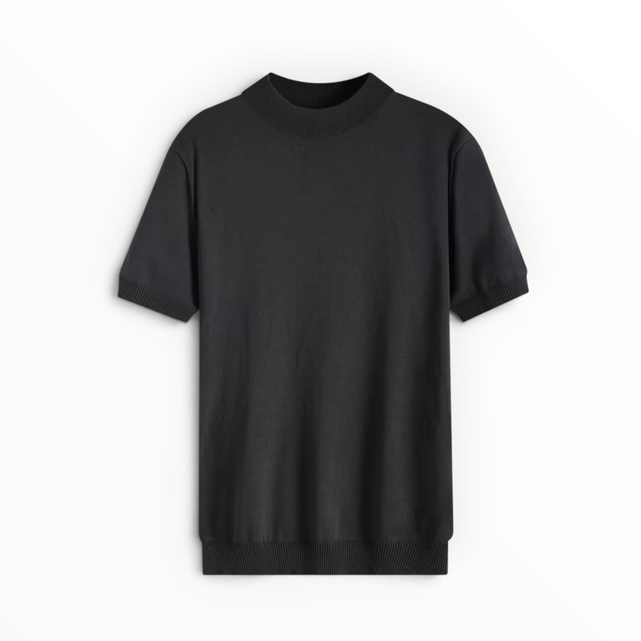 A black short-sleeve crewneck knit sweater displayed flat against a clean white background.