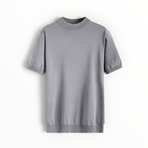 A light gray short-sleeve knit top with a mock neck and ribbed cuffs and hem, displayed flat against a white background.
