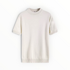 A short-sleeve crewneck knit sweater in a warm off-white or cream color, displayed flat against a clean white background.