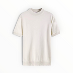 A short-sleeve crewneck knit sweater in a warm off-white or cream color, displayed flat against a clean white background.