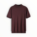 A short-sleeve crewneck knit sweater in a deep burgundy color, displayed flat against a clean white background.