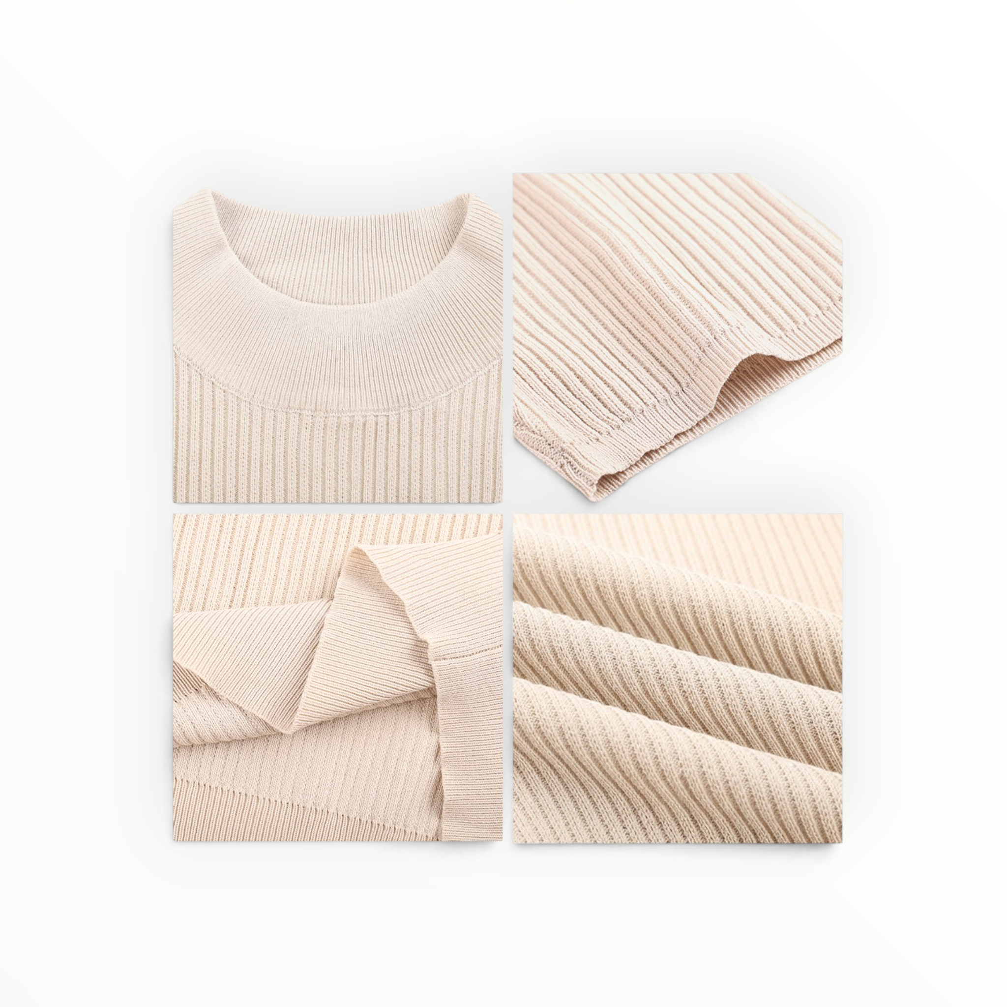 A four-panel close-up collage of a ribbed knit top in a light warm cream color, showing the neckline, sleeve cuff, hem, and fabric texture on a white background.