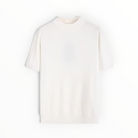 A short-sleeve ribbed knit mock neck sweater in off-white, displayed flat against a clean white background.