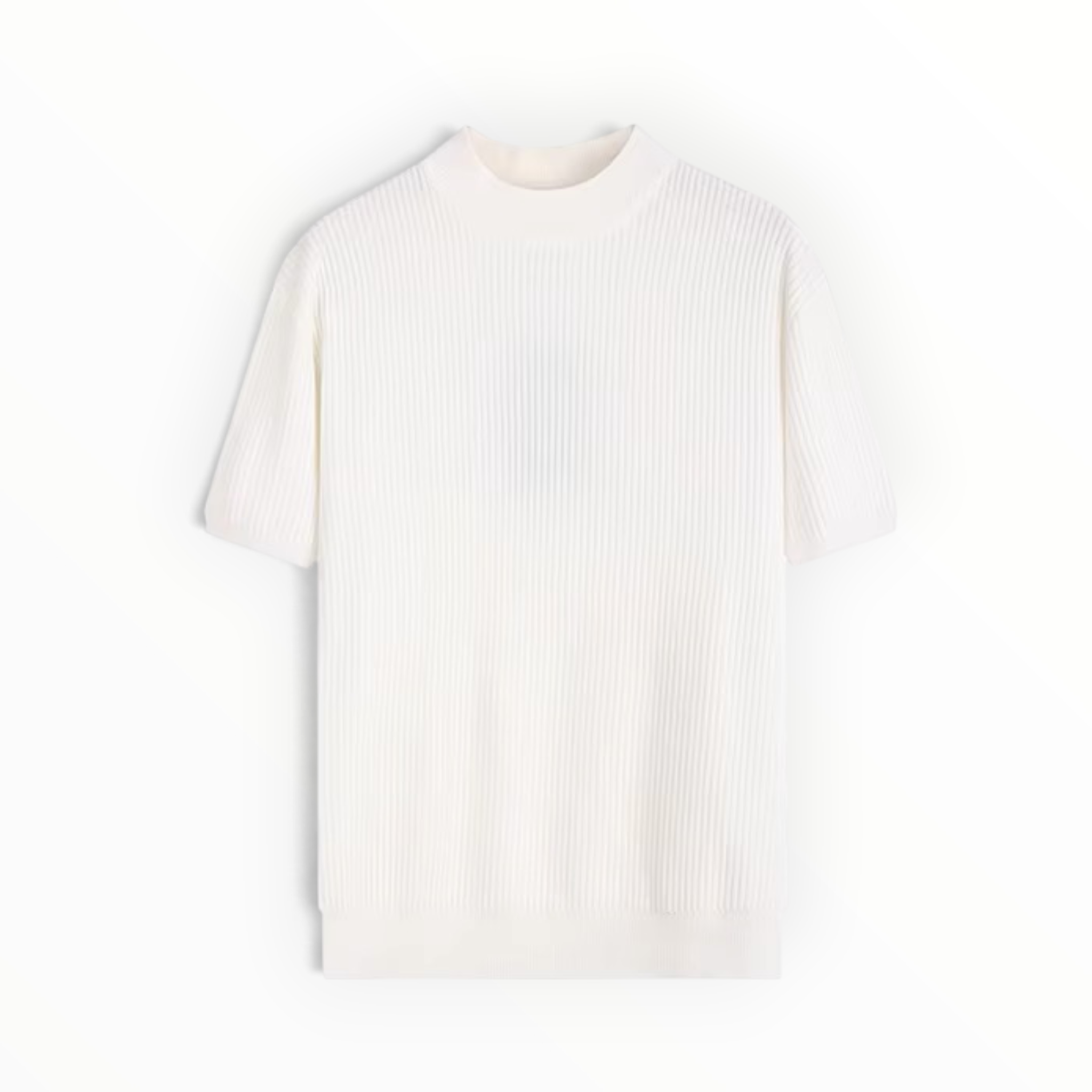 A short-sleeve ribbed knit mock neck sweater in off-white, displayed flat against a clean white background.