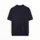 A dark navy blue short-sleeve ribbed knit t-shirt with a mock neck, displayed flat against a clean white background.
