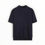 A dark navy blue short-sleeve ribbed knit t-shirt with a mock neck, displayed flat against a clean white background.