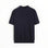 A dark navy blue short-sleeve ribbed knit t-shirt with a mock neck, displayed flat against a clean white background.