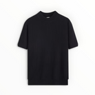 A black short-sleeve ribbed knit t-shirt with a mock neck, displayed flat against a plain white background.