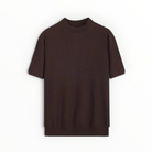 A dark brown ribbed short-sleeve knit top with a crew neck, displayed flat against a plain white background.