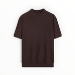 A dark brown ribbed short-sleeve knit top with a crew neck, displayed flat against a plain white background.