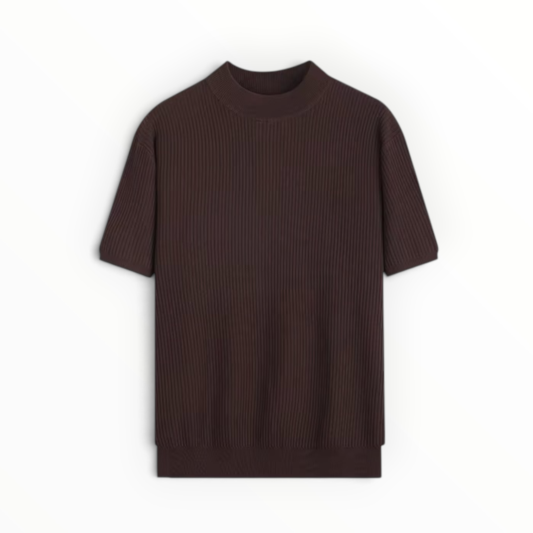 A dark brown ribbed short-sleeve knit top with a crew neck, displayed flat against a plain white background.