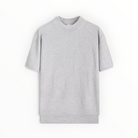 A light gray ribbed short-sleeve knit top with a crew neck, displayed flat against a clean white background.