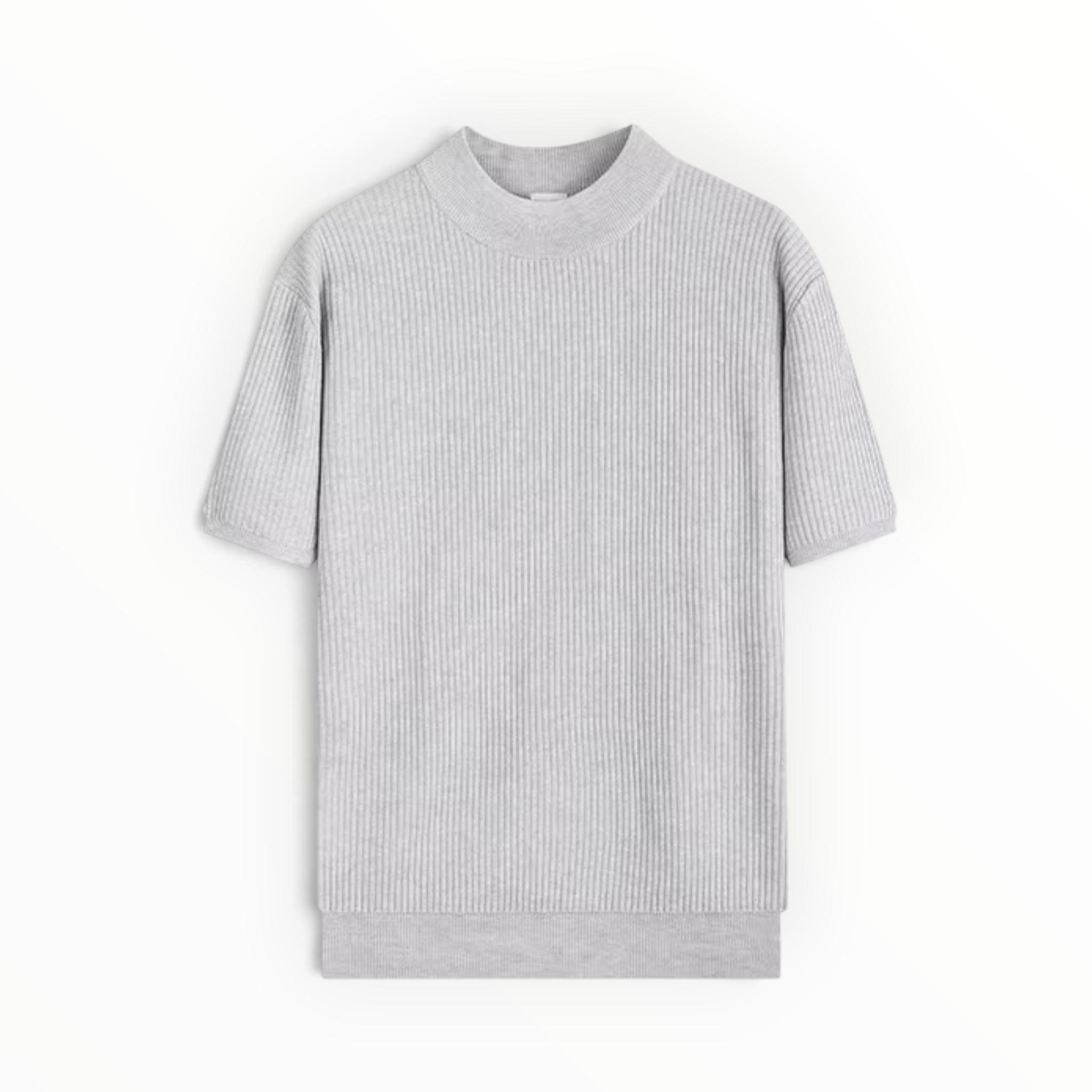 A light gray ribbed short-sleeve knit top with a crew neck, displayed flat against a clean white background.