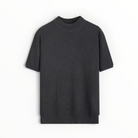A dark charcoal gray ribbed short-sleeve knit sweater with a mock neck, displayed flat against a clean white background.