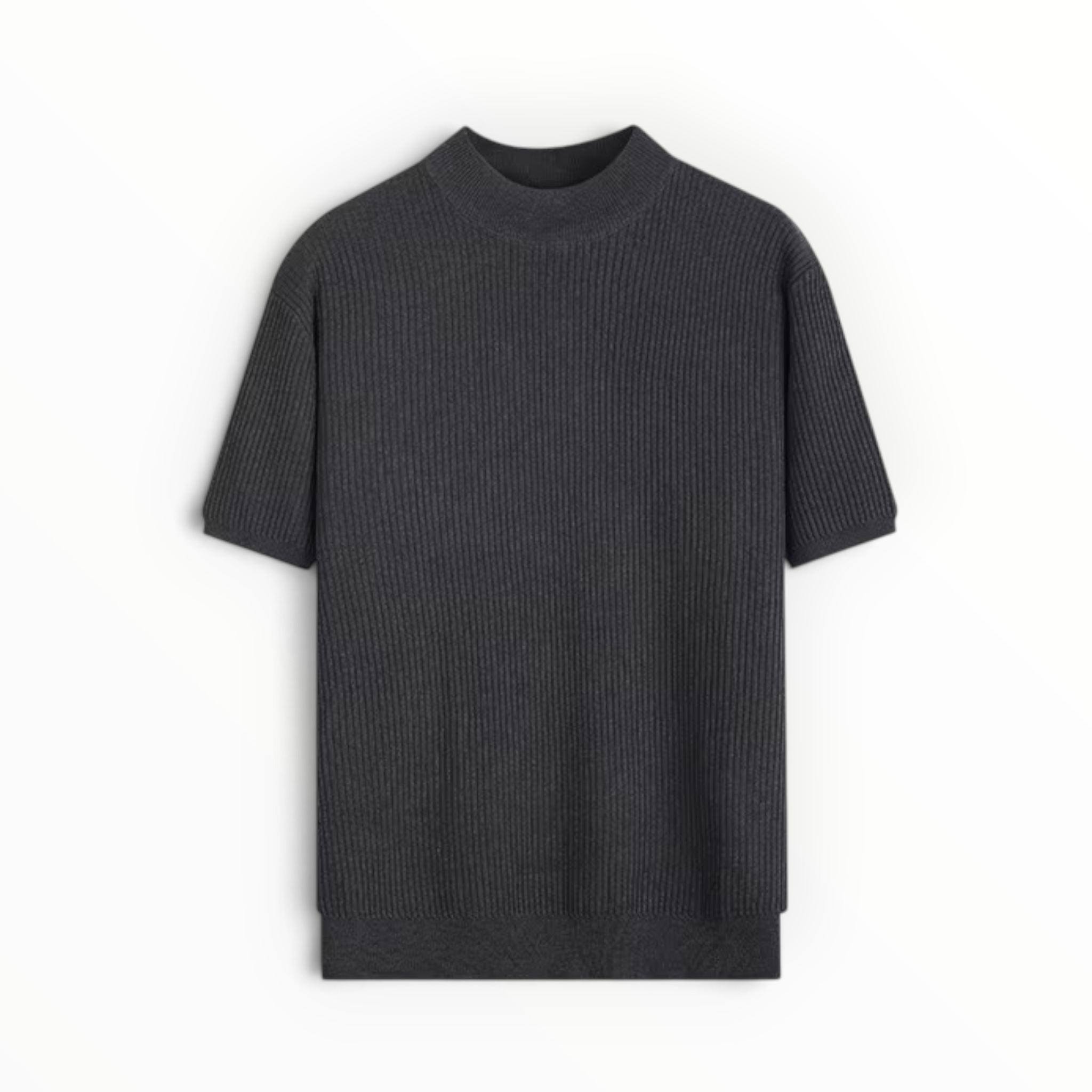 A dark charcoal gray ribbed short-sleeve knit sweater with a mock neck, displayed flat against a clean white background.